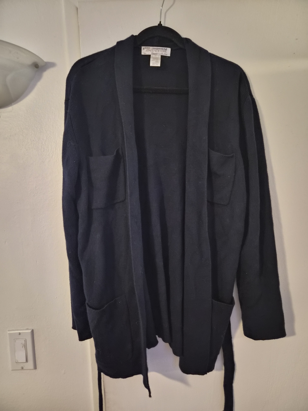 Jones New York 100% Merino Wool Dark Navy Open-Front Cardigan with Patch Pockets